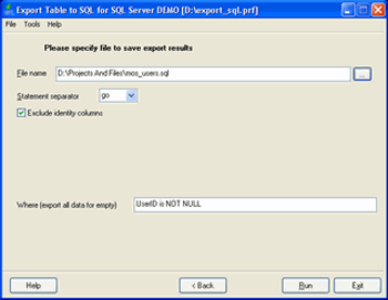Export Table to SQL for SQL server screenshot