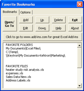 Favorite Bookmarks for Microsoft Excel screenshot