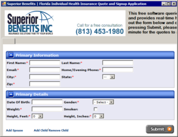 Florida Individual Health Insurance Quote and Signup Application screenshot
