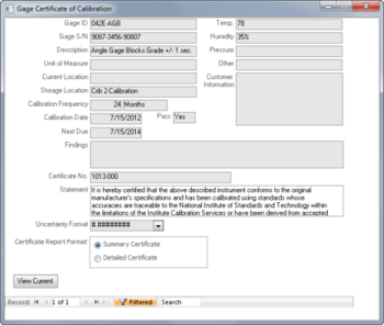 GAGEtrak Calibration Management screenshot