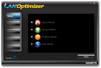 GIGABYTE LAN Optimizer screenshot