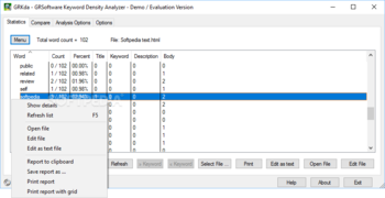 GRSoftware Keyword Density Analyzer screenshot