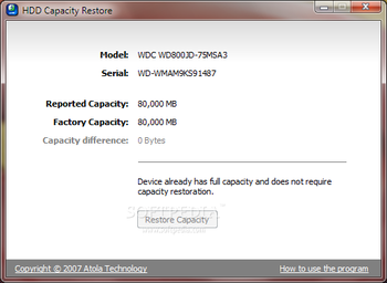 HDD Capacity Restore screenshot