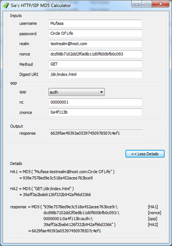 HTTP/SIP MD5 Calculator screenshot