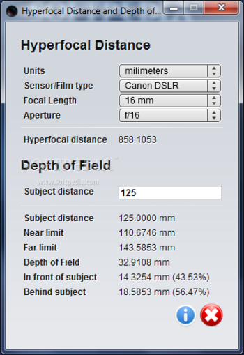 Hyperfocal Distance and DoF Calculator screenshot