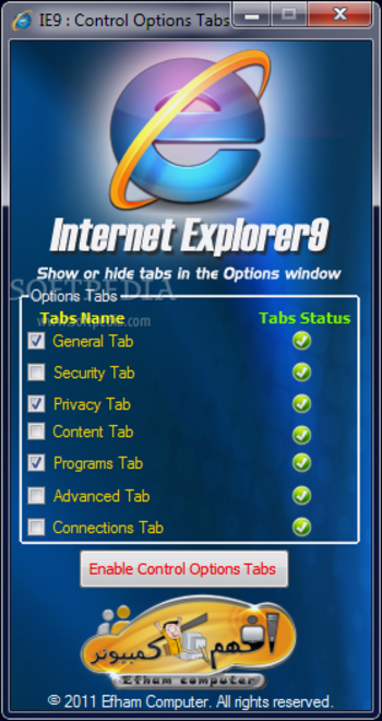 IE9: Control Options Tabs screenshot