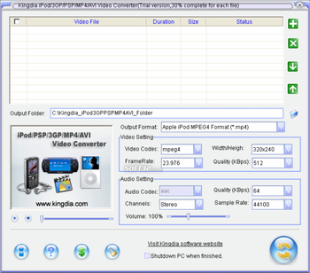 Kingdia iPod/PSP/3GP/MP4/AVI Converter screenshot 2