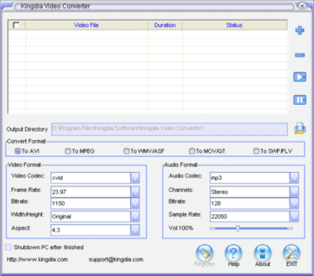 Kingdia Video to AVI/WMV/MPEG/MOV/FLV Converter screenshot