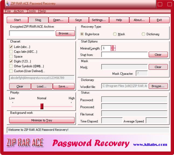 kllabs ZIP RAR ACE Password Recovery screenshot