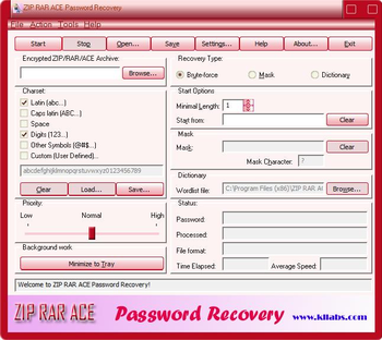 kllabs ZIP RAR ACE Password Recovery screenshot 2