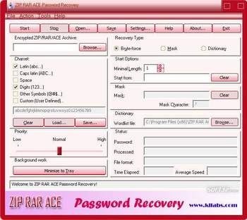 kllabs ZIP RAR ACE Password Recovery screenshot 3