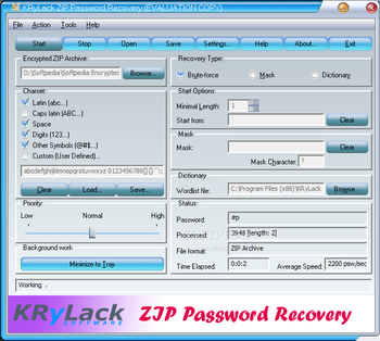 KRyLack ZIP Password Recovery screenshot