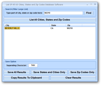 List Of All US Cities, States and Zip Codes Database Software screenshot