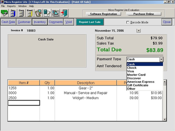 Micro Register Lite Point-Of-Sale System screenshot