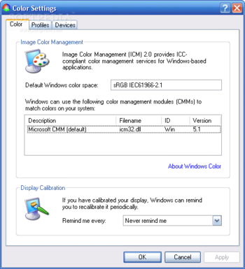 Microsoft Color Control Panel Applet for Windows XP screenshot