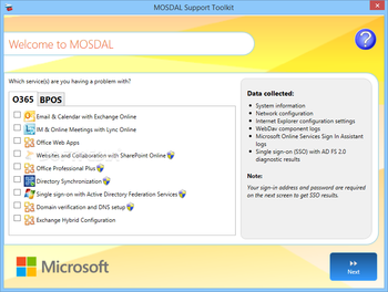 Microsoft Online Services Diagnostics and Logging Support Toolkit (MOSDAL) screenshot