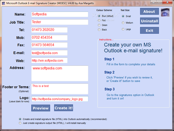 Microsoft Outlook E-mail Signature Creator screenshot