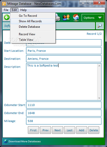 Mileage Database screenshot 2