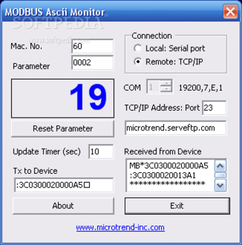 MODBUS Ascii device monitor screenshot