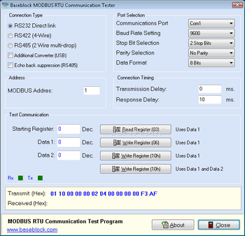 MODBUS RTU Communication Tester screenshot