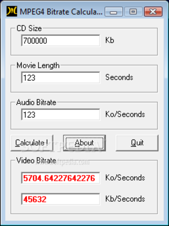 MPEG4 Bitrate Calculator screenshot