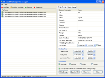MS Excel File Properties Changer screenshot