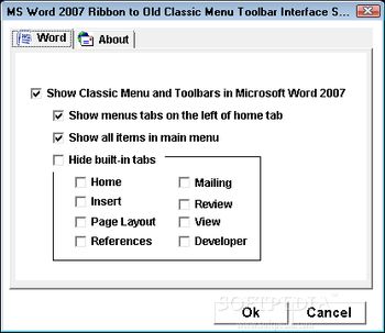 MS Word 2007 Ribbon to Old Classic Menu Toolbar Interface Software screenshot