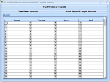 MS Word Birthday and Anniversary Calendar Template Software screenshot