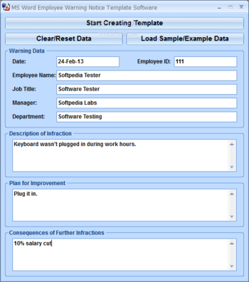 MS Word Employee Warning Notice Template Software screenshot