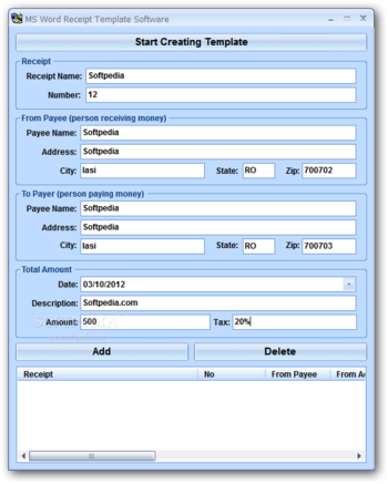 MS Word Receipt Template Software screenshot