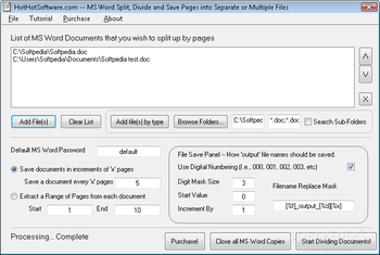 MS Word Split, Divide and Save Pages into Separate or Multiple Files screenshot