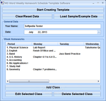 MS Word Weekly Homework Schedule Template Software screenshot