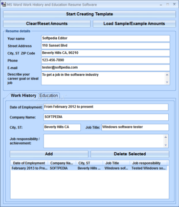MS Word Work History and Education Resume Software screenshot
