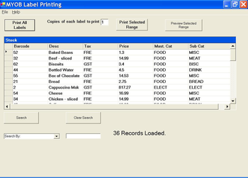 MYOB RM Label Printing screenshot