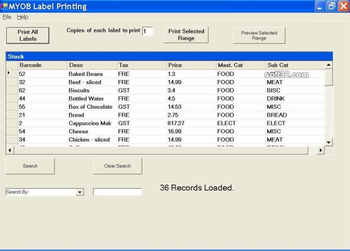 MYOB RM Label Printing screenshot 2