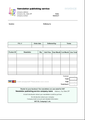 Newsletter Publishing Invoice Template screenshot