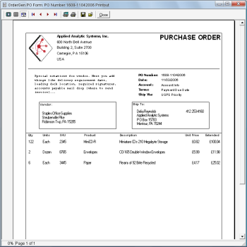 OrderGen Purchase Order Form screenshot
