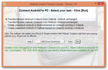 Outlook Contacts Transfer Console screenshot