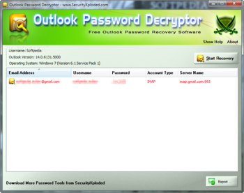 Outlook Password Decryptor screenshot