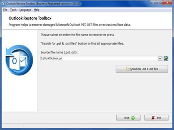 Outlook Restore Toolbox screenshot