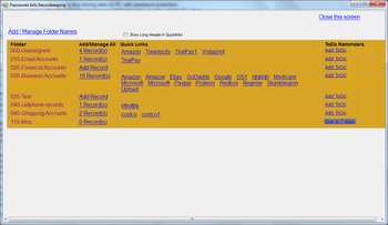Passwords Info Recordkeeping Express Edition screenshot