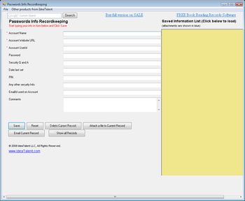 Passwords Info Recordkeeping screenshot