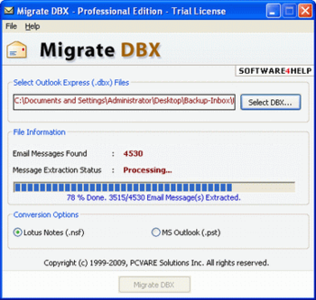 PCVARE DBX to NSF Converter screenshot