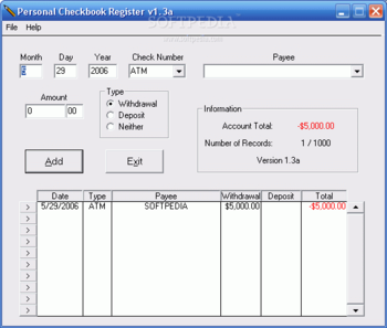 Personal Checkbook Register screenshot
