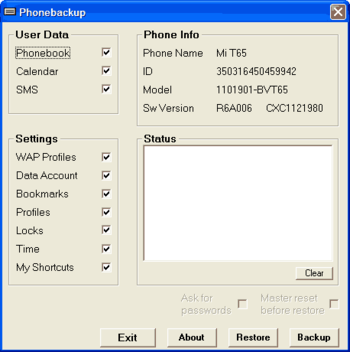 PhoneBackup 1.4.4 for Sony Ericsson screenshot