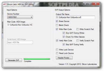 Portable Silicon Labs .HEX to .SVF Conversion Utility screenshot
