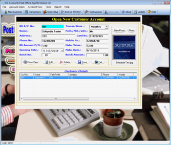 Post Office Agent RD Account Software screenshot