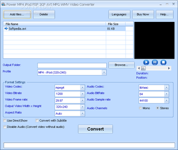 Power MP4 iPod PSP 3GP AVI MPG WMV Video Converter screenshot
