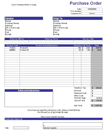 Purchase Order Form Template with Favorite Products List screenshot
