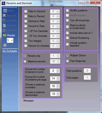Ratio and Percent Worksheet Generator screenshot